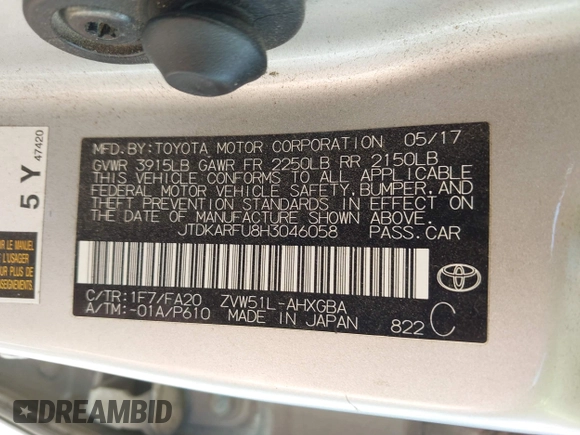 2017 Toyota Prius Two z VIN JTDKARFU8H3046058, wystawiony jako IAAI lot #42169692 z przebiegiem 79 226 mil mil oraz . Historia ofert i sprzedaży dostępna na DreamBid. Obrazek 9.