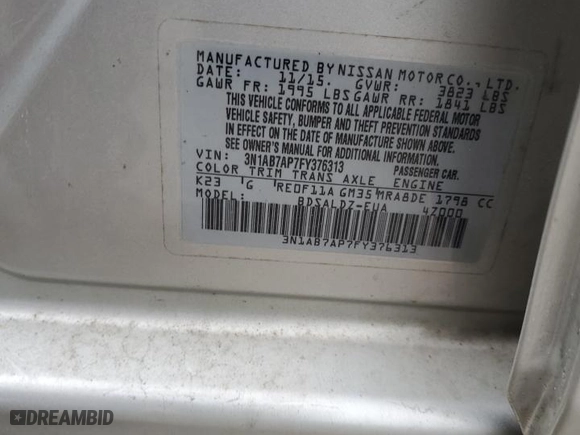 2015 Nissan Sentra SV with VIN 3N1AB7AP7FY376313, listed as a Copart auction lot 46132415 with 191,773 mi miles and Salvage Title. Bid and sale history available at carsss.com. Image 14.