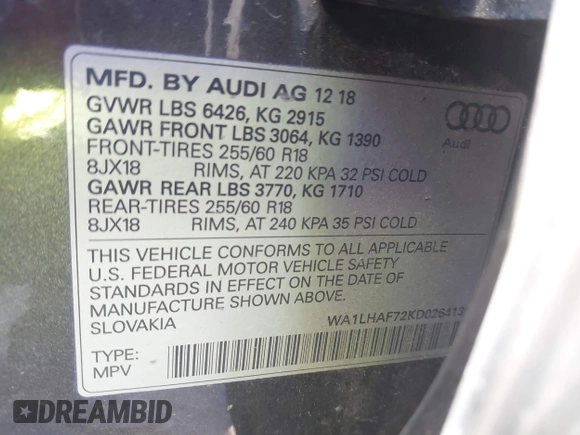2019 Audi Q7 Premium Plus with VIN WA1LHAF72KD026413, listed as a IAAI auction lot 41750262 with 70,973 mi miles and . Bid and sale history available at DreamBid. Image 9.