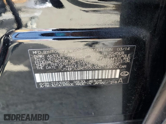 2014 Lexus IS 250 with VIN JTHBF1D2XE5033380, listed as a Copart auction lot 51100755 with 112,707 mi miles and Salvage Title. Bid and sale history available at DreamBid. Image 12.