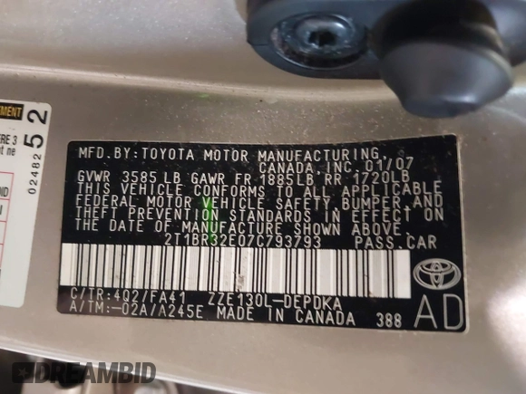 2007 Toyota Corolla CE с VIN 2T1BR32E07C793793, выставлен на аукционе IAAI как лот 41757394 с пробегом 39 654 миль миль и . История ставок и продаж доступна на DreamBid. Изображение 9.