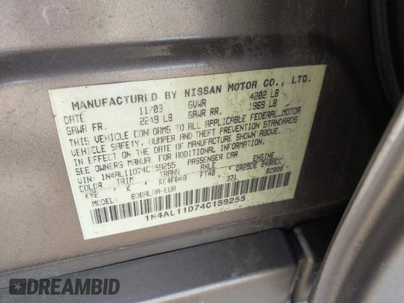 2004 Nissan Altima with VIN 1N4AL11D74C159255, listed as a IAAI auction lot 41807850 with 68,187 mi miles and . Bid and sale history available at DreamBid. Image 9.