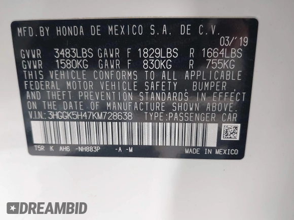 2019 Honda Fit LX with VIN 3HGGK5H47KM728638, listed as a IAAI auction lot 42440916 with 65,953 mi miles and . Bid and sale history available at DreamBid. Image 9.