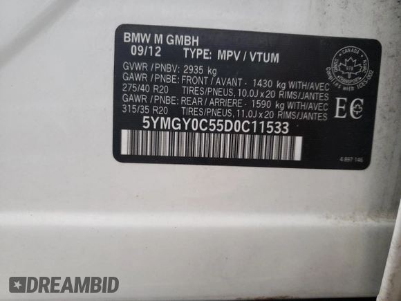 2013 BMW X5 M with VIN 5YMGY0C55D0C11533, listed as a Copart auction lot 85148774 with 53,538 mi miles and Salvage Title. Bid and sale history available at carsss.com. Image 14.
