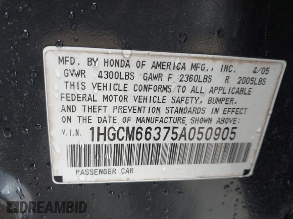 2005 Honda Accord LX with VIN 1HGCM66375A050905, listed as a IAAI auction lot 41722703 with 227,892 mi miles and . Bid and sale history available at DreamBid. Image 9.