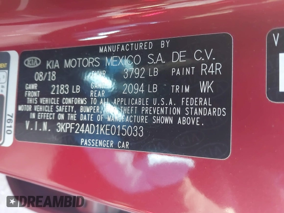 2019 Kia Forte LXS with VIN 3KPF24AD1KE015033, listed as a IAAI auction lot 41772546 with 74,154 mi miles. Bid and sale history available at carsss.com. Image 9.