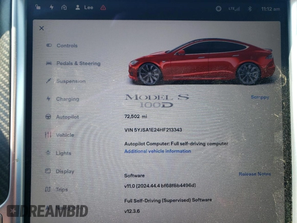2017 Tesla Model S 100D with VIN 5YJSA1E24HF213343, listed as a Copart auction lot 52175575 with 72,502 mi miles and Salvage Title. Bid and sale history available at DreamBid. Image 9.