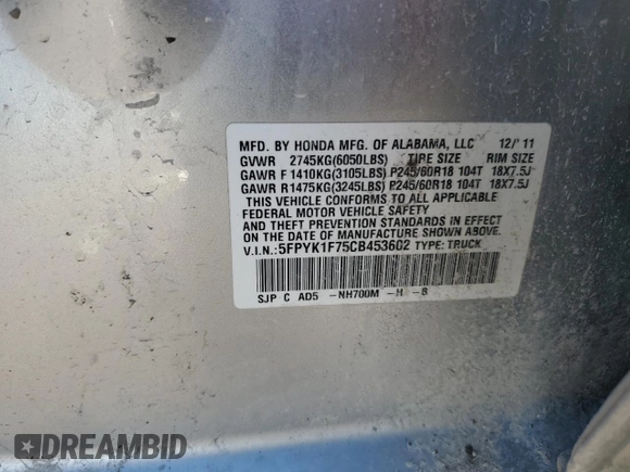 2012 Honda Ridgeline Sport z VIN 5FPYK1F75CB453602, wystawiony jako Copart lot #85459634 z przebiegiem Nie podano mil oraz Szkoda całkowita • Salvage title. Historia ofert i sprzedaży dostępna na DreamBid. Obrazek 14.