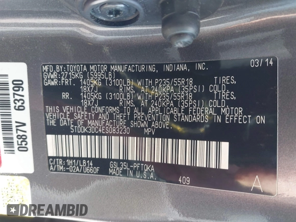 2014 Toyota Sienna Ltd with VIN 5TDDK3DC4ES083230, listed as a IAAI auction lot 41751843 with 184,501 mi miles. Bid and sale history available at carsss.com. Image 9.
