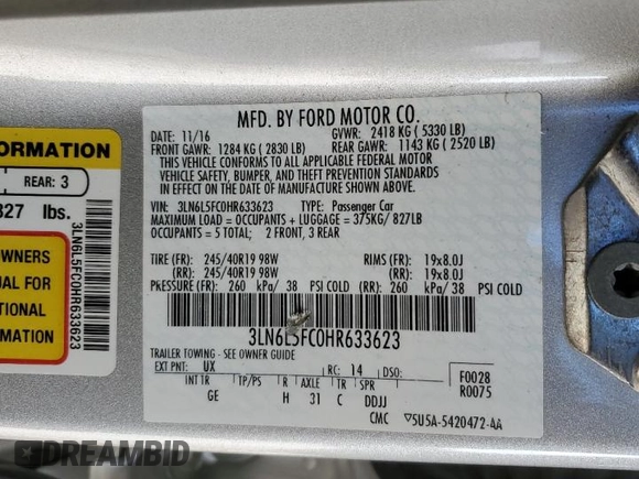 2017 Lincoln MKZ Reserve with VIN 3LN6L5FC0HR633623, listed as a Copart auction lot 44914115 with 52,497 mi miles and Salvage title. Bid and sale history available at DreamBid. Image 12.