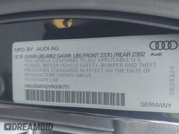 2017 Audi A4 Premium z VIN WAUGNAF42HN008791, wystawiony jako IAAI lot #42206696 z przebiegiem 101 527 mil mil oraz . Historia ofert i sprzedaży dostępna na DreamBid. Obrazek 9.