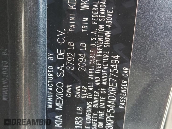 2024 Kia Forte GT-Line with VIN 3KPF54ADXRE775494, listed as a Copart auction lot 56129215 with Not Provided miles and Salvage Title. Bid and sale history available at carsss.com. Image 12.