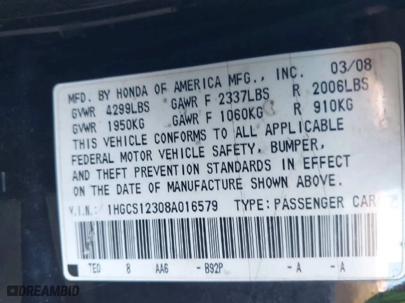 2008 Honda Accord Cpe LX-S with VIN 1HGCS12308A016579, listed as a IAAI auction lot 41671683 with 278,618 mi miles. Bid and sale history available at carsss.com. Image 9.
