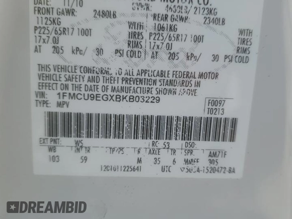 2011 Ford Escape Limited with VIN 1FMCU9EGXBKB03229, listed as a Copart auction lot 84166764 with 257,131 mi miles and Salvage Title. Bid and sale history available at carsss.com. Image 13.