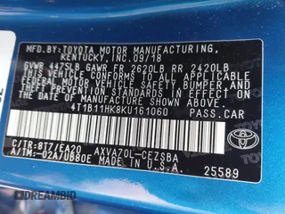 2019 Toyota Camry LE z VIN 4T1B11HK8KU161060, wystawiony jako IAAI lot #42255778 z przebiegiem 104 827 mil mil oraz . Historia ofert i sprzedaży dostępna na DreamBid. Obrazek 9.