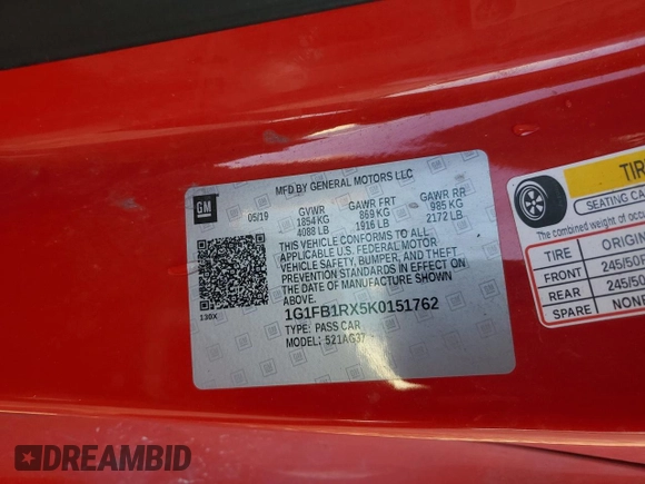 2019 Chevrolet Camaro 1LS with VIN 1G1FB1RX5K0151762, listed as a Copart auction lot 45352415 with 111,410 mi miles and Salvage Title. Bid and sale history available at carsss.com. Image 13.