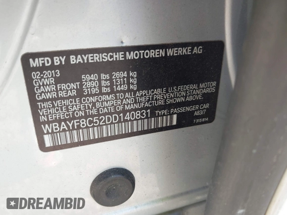 2013 BMW 7 Series 750Li xDrive with VIN WBAYF8C52DD140831, listed as a IAAI auction lot 41941071 with 207,251 mi miles. Bid and sale history available at carsss.com. Image 9.