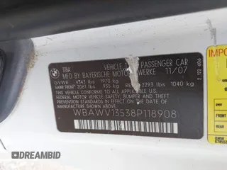 2008 BMW 3 Series 328i with VIN WBAWV13538P118908, listed as a IAAI auction lot 41707622 with 180,913 mi miles and . Bid and sale history available at DreamBid. Image 9.