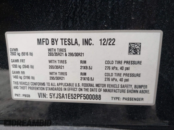 2023 Tesla Model S with VIN 5YJSA1E52PF500088, listed as a IAAI auction lot 41372918 with Not provided miles and . Bid and sale history available at DreamBid. Image 9.