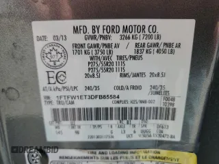 2013 Ford F-150 XL with VIN 1FTFW1ET3DFB85584, listed as a Copart auction lot 50099485 with 204,731 mi miles and Salvage Title. Bid and sale history available at carsss.com. Image 14.