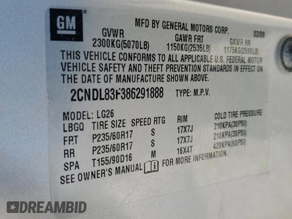 2008 Chevrolet Equinox LTZ with VIN 2CNDL83F386291888, listed as a Copart auction lot 79670114 with 164,987 mi miles and Non Repairable. Bid and sale history available at carsss.com. Image 12.