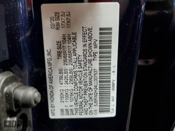 2020 Honda CR-V LX z VIN 5J6RW2H24LL007537, wystawiony jako Copart lot #49129495 z przebiegiem 39 440 mil mil oraz Szkoda całkowita • Salvage title. Historia ofert i sprzedaży dostępna na DreamBid. Obrazek 14.