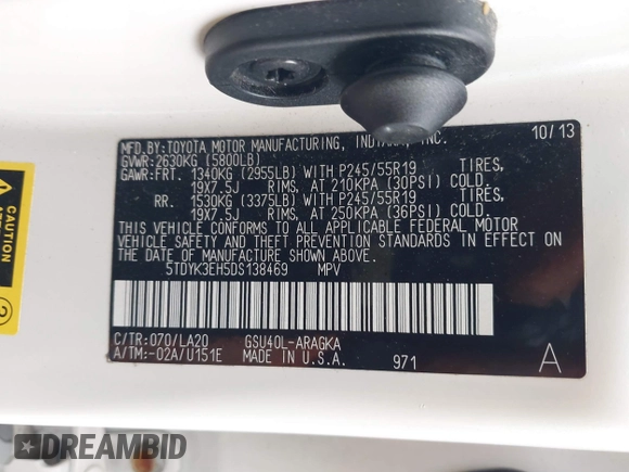 2013 Toyota Highlander Limited z VIN 5TDYK3EH5DS138469, wystawiony jako IAAI lot #41948157 z przebiegiem 135 382 mil mil oraz . Historia ofert i sprzedaży dostępna na DreamBid. Obrazek 9.