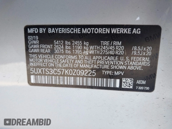 2019 BMW X3 M40i with VIN 5UXTS3C57K0Z09225, listed as a IAAI auction lot 41491951 with 69,483 mi miles and . Bid and sale history available at DreamBid. Image 9.