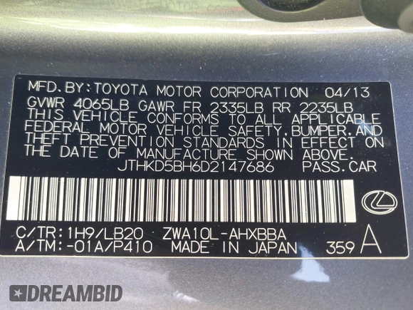 2013 Lexus CT 200h Hybrid with VIN JTHKD5BH6D2147686, listed as a IAAI auction lot 42117110 with 143,450 mi miles. Bid and sale history available at carsss.com. Image 9.