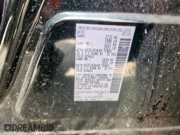 2020 Nissan Pathfinder SL with VIN 5N1DR2CN0LC583632, listed as a Copart auction lot 61704575 with 169,831 mi miles and Salvage title. Bid and sale history available at DreamBid. Image 13.