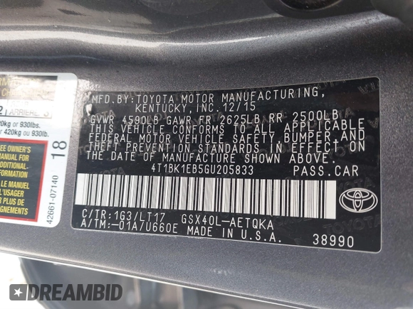 2016 Toyota Avalon Limited with VIN 4T1BK1EB5GU205833, listed as a IAAI auction lot 41352698 with 152,809 mi miles. Bid and sale history available at carsss.com. Image 9.