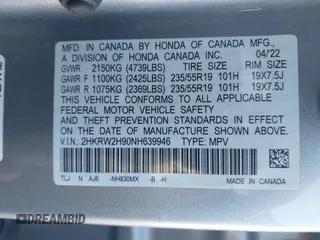 2022 Honda CR-V Touring with VIN 2HKRW2H90NH639946, listed as a IAAI auction lot 41857016 with 47,309 mi miles. Bid and sale history available at carsss.com. Image 9.