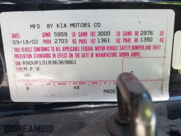 2003 Kia Sedona LX with VIN KNDUP131836369861, listed as a IAAI auction lot 42188770 with 144,280 mi miles and . Bid and sale history available at DreamBid. Image 9.