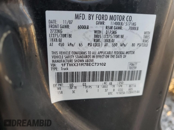 2008 Ford F-350 XL with VIN 1FTWX31R78EC73102, listed as a Copart auction lot 76482064 with 262,025 mi miles and Clean Title. Bid and sale history available at DreamBid. Image 12.