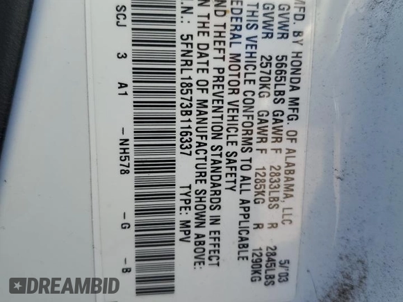 2003 Honda Odyssey LX z VIN 5FNRL18573B116337, wystawiony jako Copart lot #86184364 z przebiegiem 247 492 mil mil oraz Szkoda całkowita • Salvage title. Historia ofert i sprzedaży dostępna na DreamBid. Obrazek 15.