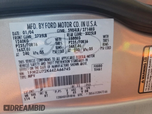 2004 Ford Explorer XLS z VIN 1FMZU72K44ZA66745, wystawiony jako Copart lot #55934795 z przebiegiem Nie podano mil oraz Szkoda całkowita • Salvage title. Historia ofert i sprzedaży dostępna na DreamBid. Obrazek 12.
