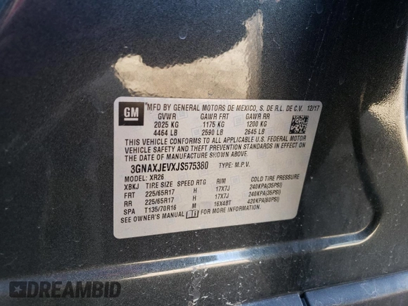 2018 Chevrolet Equinox LT with VIN 3GNAXJEVXJS575380, listed as a Copart auction lot 50518014 with 91,348 mi miles and Salvage Title. Bid and sale history available at DreamBid. Image 15.