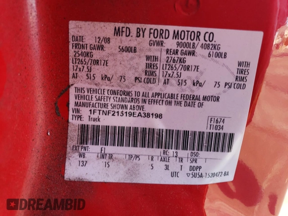 2009 Ford F-250 XL with VIN 1FTNF21519EA38198, listed as a Copart auction lot 44396435 with 97,950 mi miles and Clean Title. Bid and sale history available at DreamBid. Image 12.
