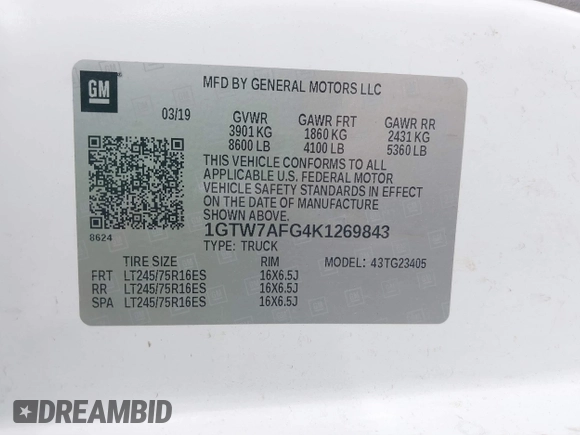 2019 GMC Savana Cargo with VIN 1GTW7AFG4K1269843, listed as a IAAI auction lot 41848438 with 70,419 mi miles. Bid and sale history available at carsss.com. Image 9.
