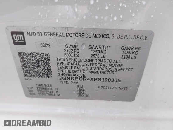 2023 Chevrolet Blazer LT with VIN 3GNKBCR4XPS100305, listed as a IAAI auction lot 42117437 with 44,252 mi miles and . Bid and sale history available at DreamBid. Image 9.