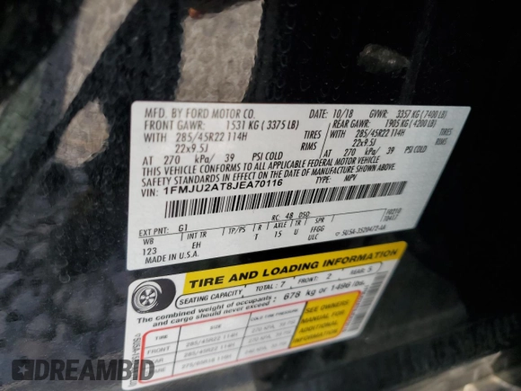 2018 Ford Expedition Limited with VIN 1FMJU2AT8JEA70116, listed as a Copart auction lot 57276025 with 129,802 mi miles and Salvage title. Bid and sale history available at DreamBid. Image 14.