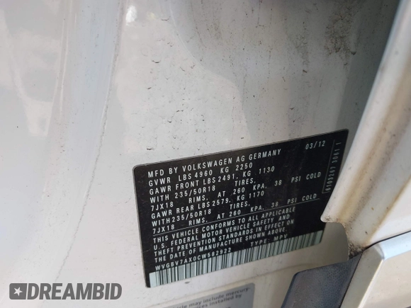 2012 Volkswagen Tiguan S with VIN WVGBV7AX0CW582922, listed as a IAAI auction lot 41906974 with 150,681 mi miles and . Bid and sale history available at DreamBid. Image 9.