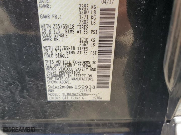 2017 Nissan Murano SL with VIN 5N1AZ2MH9HN159938, listed as a Copart auction lot 45970445 with 106,227 mi miles and Salvage Title. Bid and sale history available at carsss.com. Image 13.