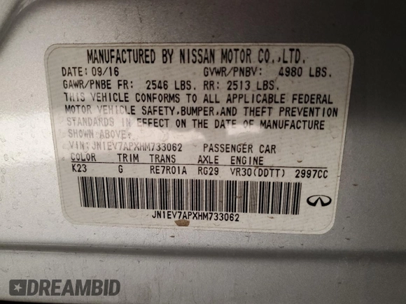 2017 Infiniti Q50 Sport with VIN JN1EV7APXHM733062, listed as a Copart auction lot 54574055 with 105,808 mi miles and Salvage title. Bid and sale history available at DreamBid. Image 12.