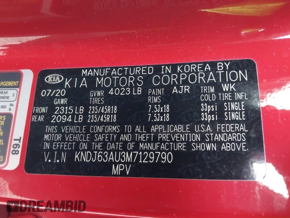 2021 Kia Soul GT-Line with VIN KNDJ63AU3M7129790, listed as a IAAI auction lot 41583031 with 56,100 mi miles and . Bid and sale history available at DreamBid. Image 9.