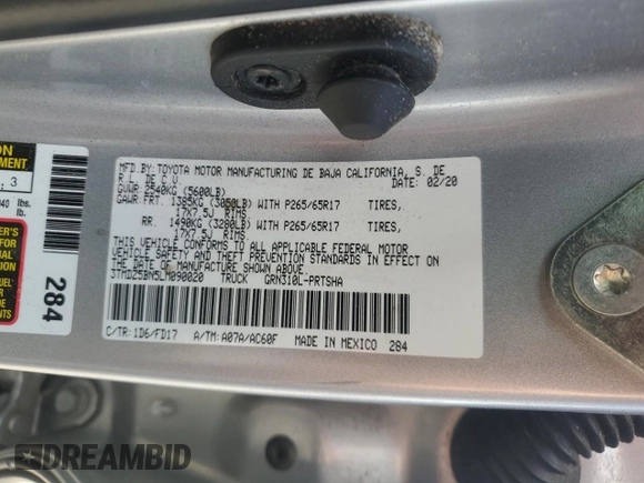2020 Toyota Tacoma SR5 with VIN 3TMDZ5BN5LM090020, listed as a Copart auction lot 58192835 with 107,156 mi miles and Salvage title. Bid and sale history available at DreamBid. Image 12.