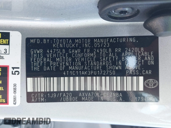 2023 Toyota Camry LE z VIN 4T1C11AK3PU172750, wystawiony jako IAAI lot #42338023 z przebiegiem 33 727 mil mil oraz . Historia ofert i sprzedaży dostępna na DreamBid. Obrazek 9.