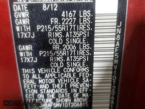 2013 Nissan Juke SL with VIN JN8AF5MV1DT206815, listed as a Copart auction lot 51414455 with Not Provided miles and Salvage Title. Bid and sale history available at DreamBid. Image 12.