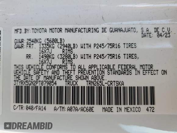 2023 Toyota Tacoma SR с VIN 3TYRX5GN2PT079054, выставлен на аукционе Copart как лот 53476575 с пробегом 27 470 миль миль и Списание • Salvage title. История ставок и продаж доступна на DreamBid. Изображение 12.
