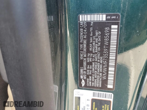 2009 MINI Hardtop S with VIN WMWMF73539TW85698, listed as a Copart auction lot 54957685 with 98,429 mi miles and Clean Title. Bid and sale history available at DreamBid. Image 12.
